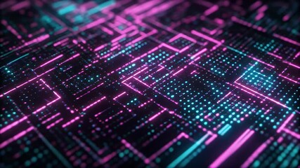 A dynamic abstract visualization of a glowing digital circuit board with streams of data represented by pink and cyan lights. - Powered by Adobe