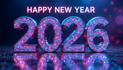 Happy New Year 2026 glittering numbers with neon lights celebration