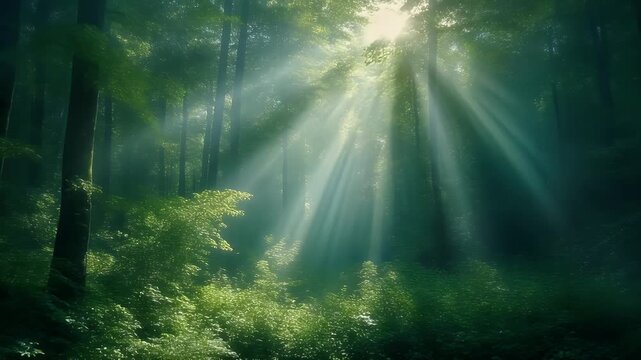 Ethereal sunbeams pierce through the dense canopy of a lush green forest, illuminating the misty air and vibrant undergrowth.