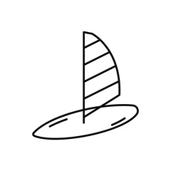 A line drawing of a windsurfer The board is oval The sail has horizontal stripes