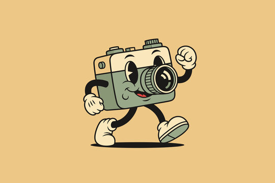 Retro Cartoon Camera Character Walking with a Friendly Smile.
