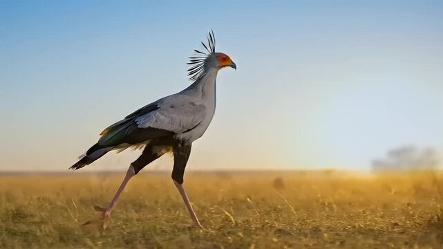 Secretary Bird Strutting Across the African Savannah at Sunrise.