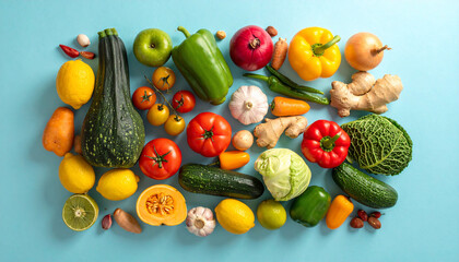 Fresh Vegetables and Fruits Flat Lay