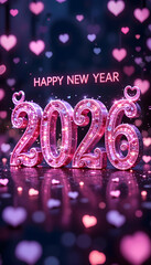 Pink 2026 numbers with happy new year text and heart bokeh image