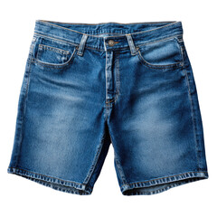 Blue denim shorts, standard pockets, button closure