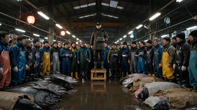 Lively Tuna Auction in Progress at a Traditional Japanese Fish Market.