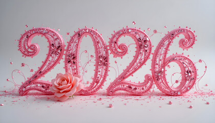 Pink 2026 numbers with rose and scattered glitter flower