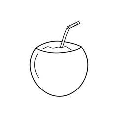 A round coconut with a straw The top has a wavy line of liquid The straw has parallel lines near the top