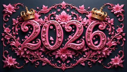 Pink floral 2026 numbers with gold crowns on dark background shirt text