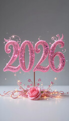 Pink glitter numbers 2026 with rose and lights on grey background image