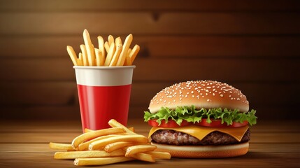 A burger and fries on a wooden table with a dark wooden background.