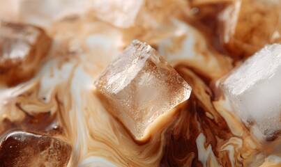 a close-up of an iced coffee, with swirling patterns in the cream and clear rectangular shapes of ice cubes. the background is a rich brown color that creates contrast between light and dark elements