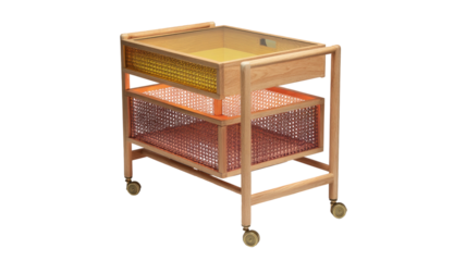 Wood cart with drawers, top tray and wheels on black