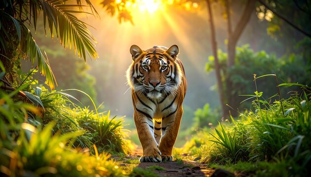 A majestic tiger walks towards the viewer through a sunlit jungle path