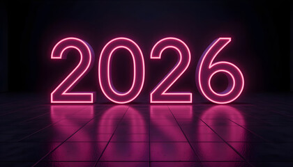 Pink neon numbers 2026 glowing on dark tiled floor reflection image