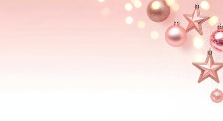 Luxury pastel pink Christmas background with rose gold ornaments and soft glitter bokeh