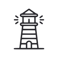 A simple line drawing of a lighthouse with a conical roof and light beams emanating from the top