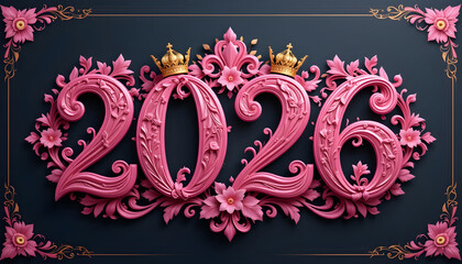 Pink ornate 2026 numbers with gold crowns and floral accents image