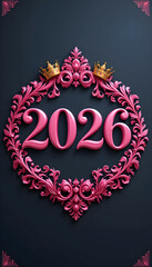 Pink ornate frame with 2026 numbers and gold crowns on dark background image