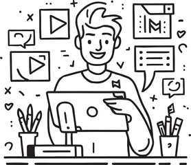 Young man working on laptop surrounded by digital media icons