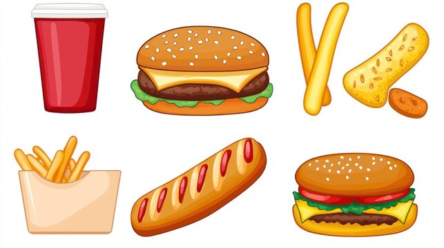 A variety of fast food items including a hamburger, french fries, and a sandwich.