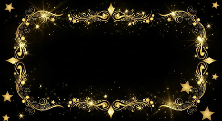 Golden ornate frame with stars on a black background, perfect for elegant event invitations, luxury branding, celestialthemed designs, and festive decorations.
