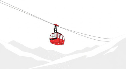 Snowboarder riding red cable car to mountain resort in winter season illustration