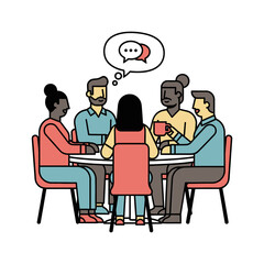 Diverse group of five people having a discussion around a table with speech bubbles.