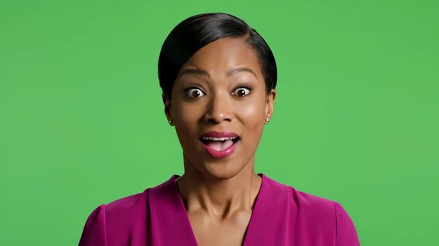 Woman with surprised expression on a green screen background