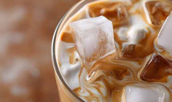 a close-up of an iced coffee, with swirling patterns in the cream and clear rectangular shapes of ice cubes. the background is a rich brown color that creates contrast between light and dark elements