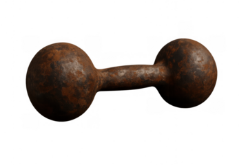 Rusty vintage dumbbell representing antique fitness equipment, cast iron weight for strength workout, old gym concept, transparent background
