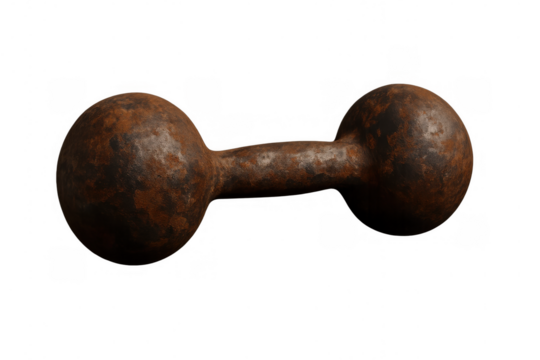 Rusty vintage dumbbell representing antique fitness equipment, cast iron weight for strength workout, old gym concept, transparent background
