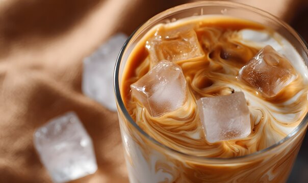 a close-up of an iced coffee, with swirling patterns in the cream and clear rectangular shapes of ice cubes. the background is a rich brown color that creates contrast between light and dark elements