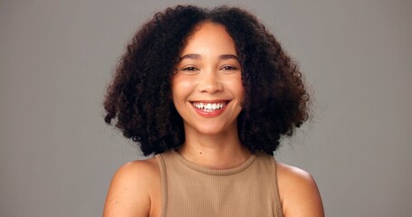 Studio, haircare and woman with smile, portrait or cosmetics for texture, shine and white background. Happy, African person and confident for hair maintenance, growth and self care for hairstyle