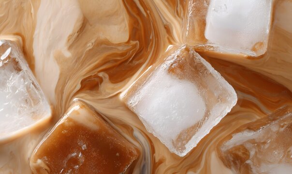 a close-up of an iced coffee, with swirling patterns in the cream and clear rectangular shapes of ice cubes. the background is a rich brown color that creates contrast between light and dark elements