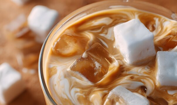 a close-up of an iced coffee, with swirling patterns in the cream and clear rectangular shapes of ice cubes. the background is a rich brown color that creates contrast between light and dark elements