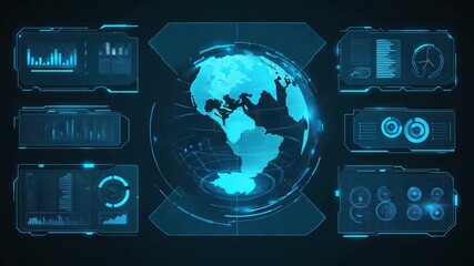 Futuristic HUD Interface with Global Data Visualization: Blue Digital Earth Control Center, Sci-Fi Technology Background, Interactive Dashboards, and Advanced Digital Information Video - Powered by Adobe