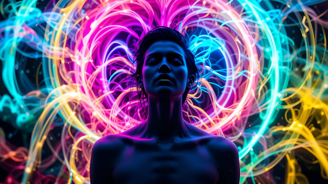 Striking Dark Portrait of Person Surrounded by Vibrant Neon Pink, Blue, and Yellow Light Trails and Swirls, Perfect for EDM, Spiritual, and Digital Art Concepts