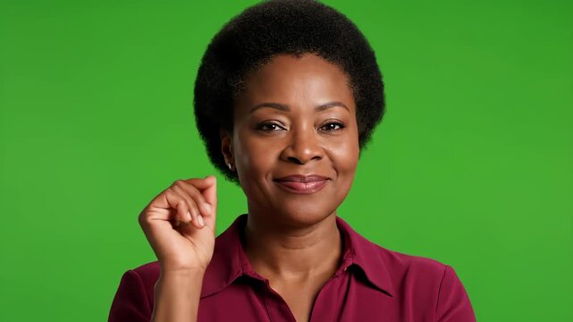 Woman smiling and gesturing on green screen background