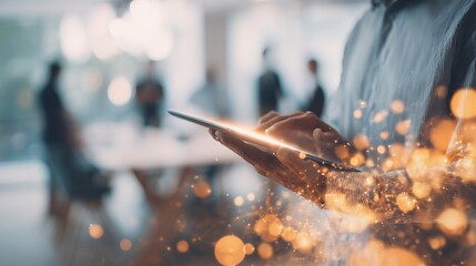 A close-up of a man using a tablet, creating a glowing effect with digital sparkles in a modern office setting.