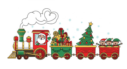 Santa Claus on toy train with Christmas tree and presents – cartoon design