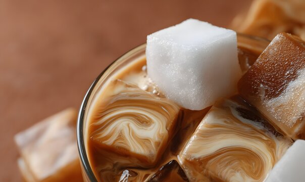 a close-up of an iced coffee, with swirling patterns in the cream and clear rectangular shapes of ice cubes. the background is a rich brown color that creates contrast between light and dark elements