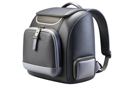 Premium leather backpack, stylish travel bag, school rucksack, laptop compartment, fashionable daypack, gray isolated on transparent background