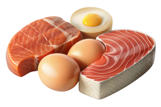 High protein food source: salmon, eggs, and egg yolk rich in nutrients and vitamins, perfect for diet and healthy eating isolated on transparent background - Powered by Adobe
