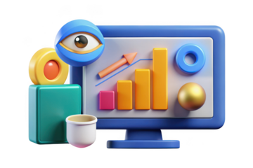 3d render of data analytics dashboard with bar graph, eye, and geometric shapes for business intelligence and insights isolated on transparent background