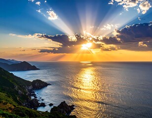 Beautiful sun rays break through clouds over an ocean at sunset