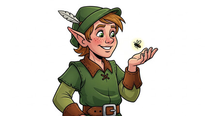 Cartoon fantasy elf in green hat with holly leaves illustration