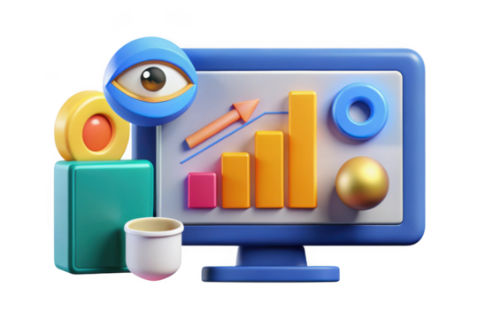 3d render of data analytics dashboard with bar graph, eye, and geometric shapes for business intelligence and insights isolated on transparent background