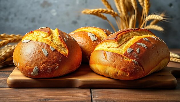 Golden loaves of artisan bread on a wooden table, wheat stalks in background, appetizing, dough