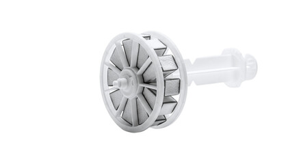White cylindrical object with rotating wheel and handle isolated on a transparent background